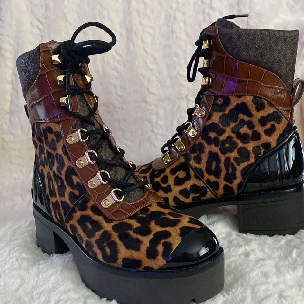 Khloe printed haircalf combat boot by Michael Kors